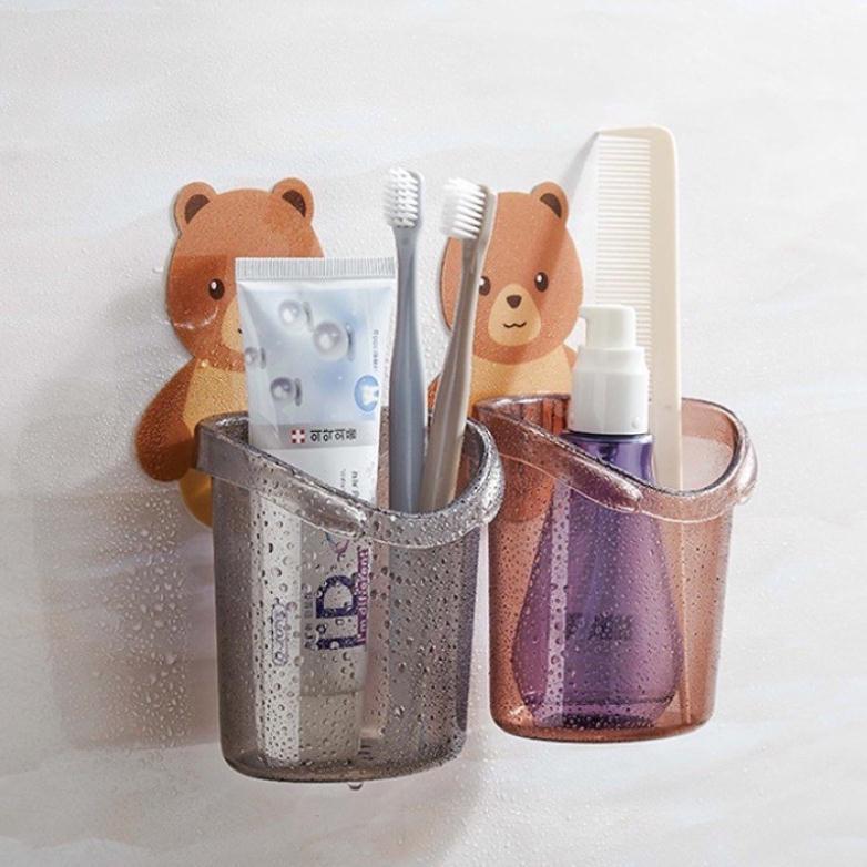 Cốc gấu dán tường để bàn chải đánh răng hình gấu có lỗ thoát nước tiện lợi Clevermart
