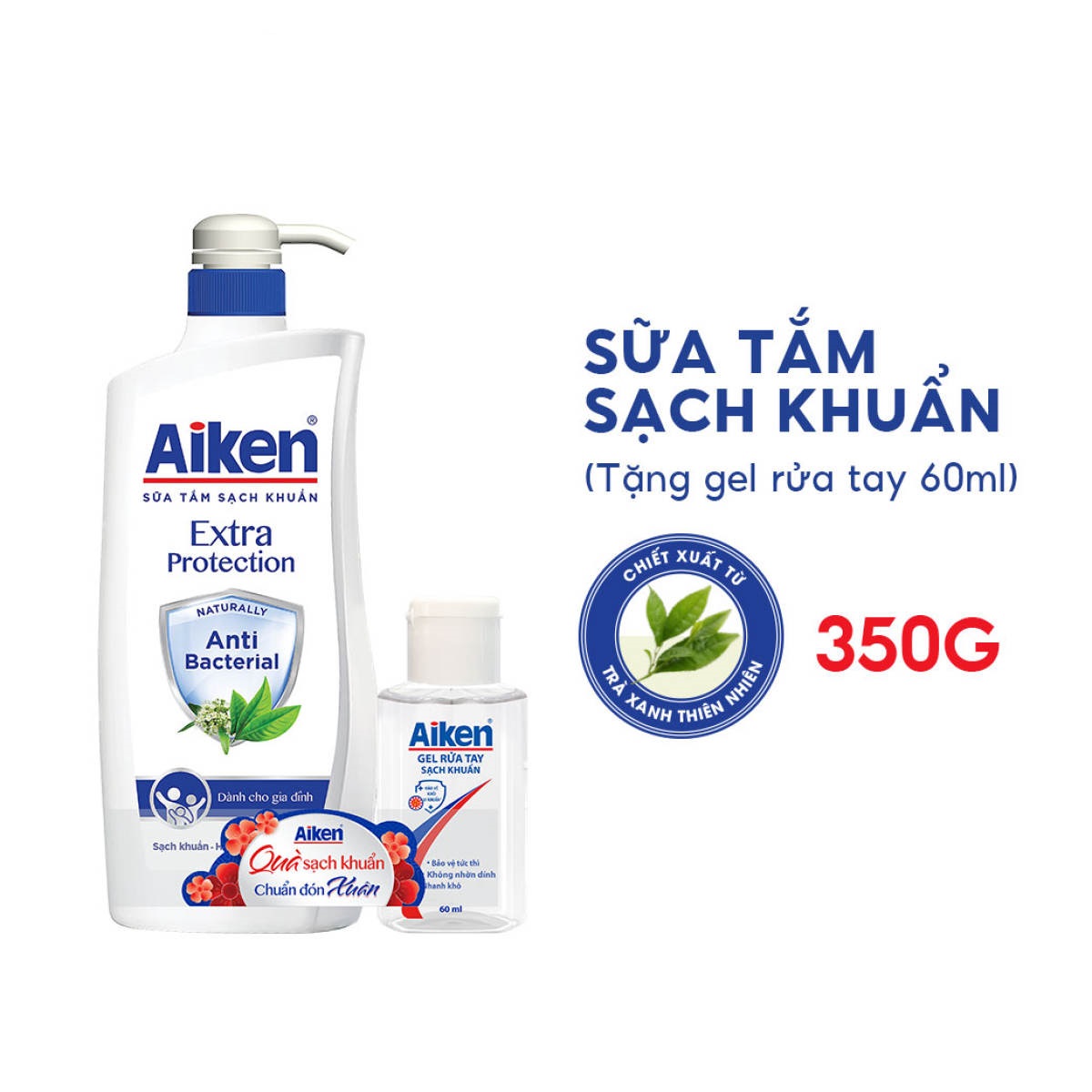 Sữa tắm Sạch khuẩn Aiken Chiết Xuất Trà Xanh Thiên Nhiên 350g - Tặng Gel rửa tay 60ml