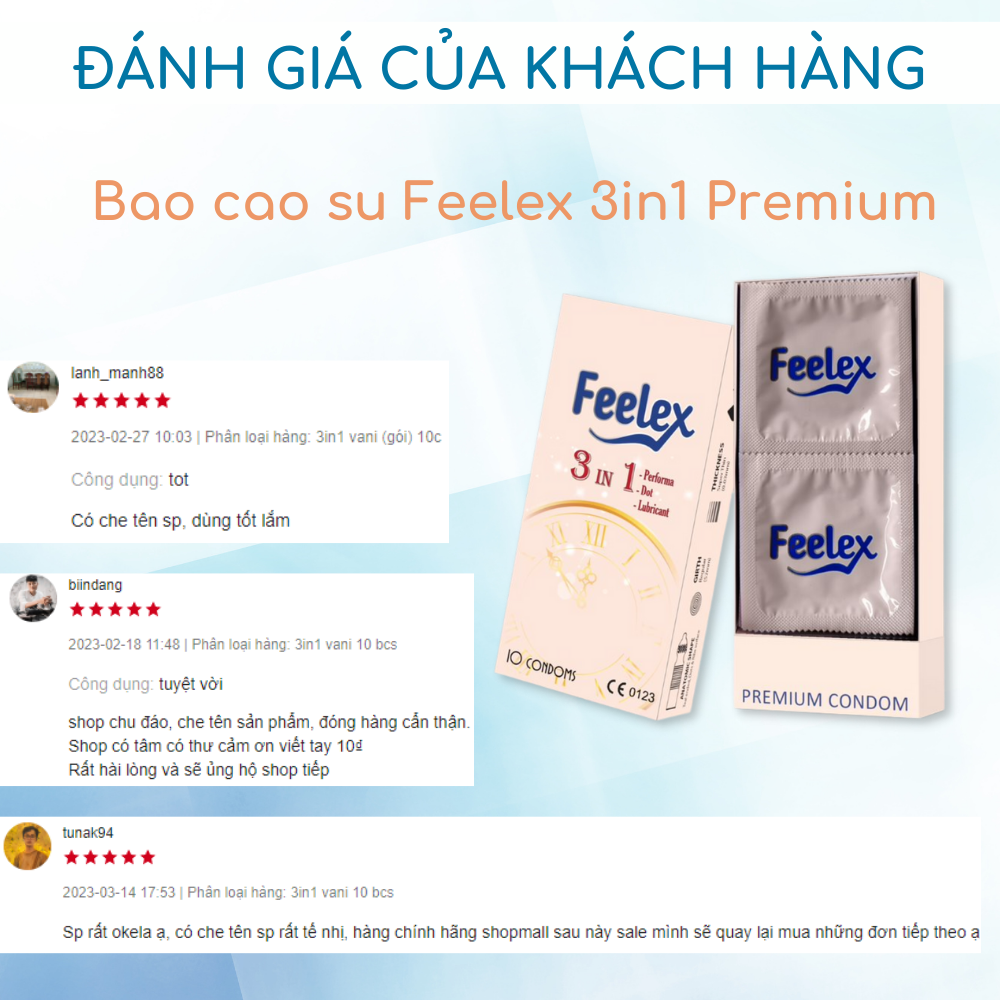 Bao cao su Feelex 3in1 gân gai, nhiều gel bôi trơn, kéo dài thời gian quan hệ, nhiều mùi hương, hộp 10 bcs