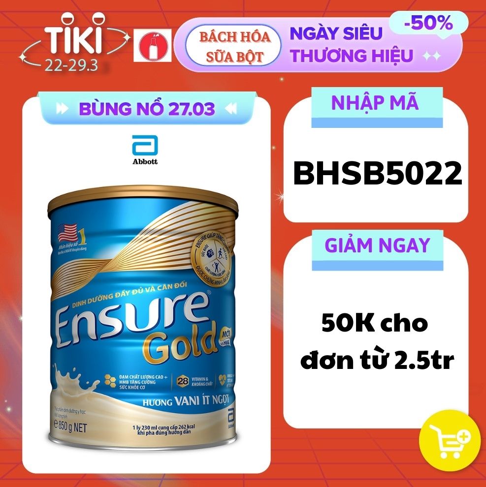 Thực phẩm dinh dưỡng y học: Ensure Gold hương vani ít ngọt 850g