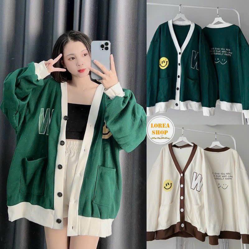 Áo Khoác Cadigan Form Rộng Chất Nỉ Cao Cấp Họa Tiết In HÌnh Mặt Cười Dễ Thương