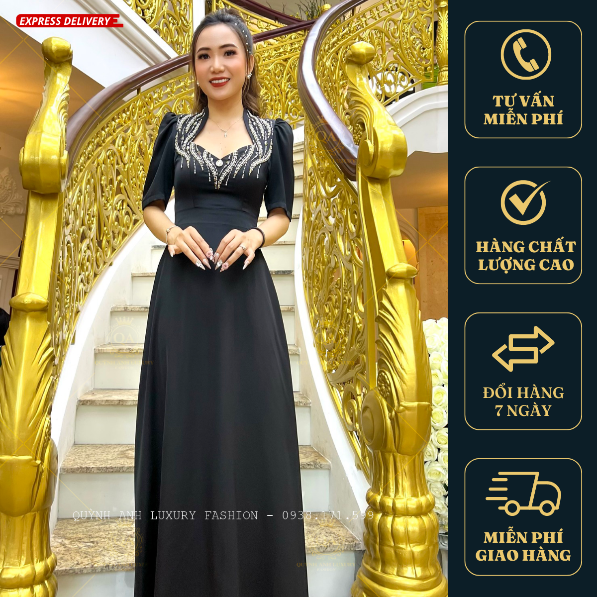 Váy Đầm Dạ Hội Nữ Hoàng Đen Đính Đá Pha Lê Rosaleen Dress