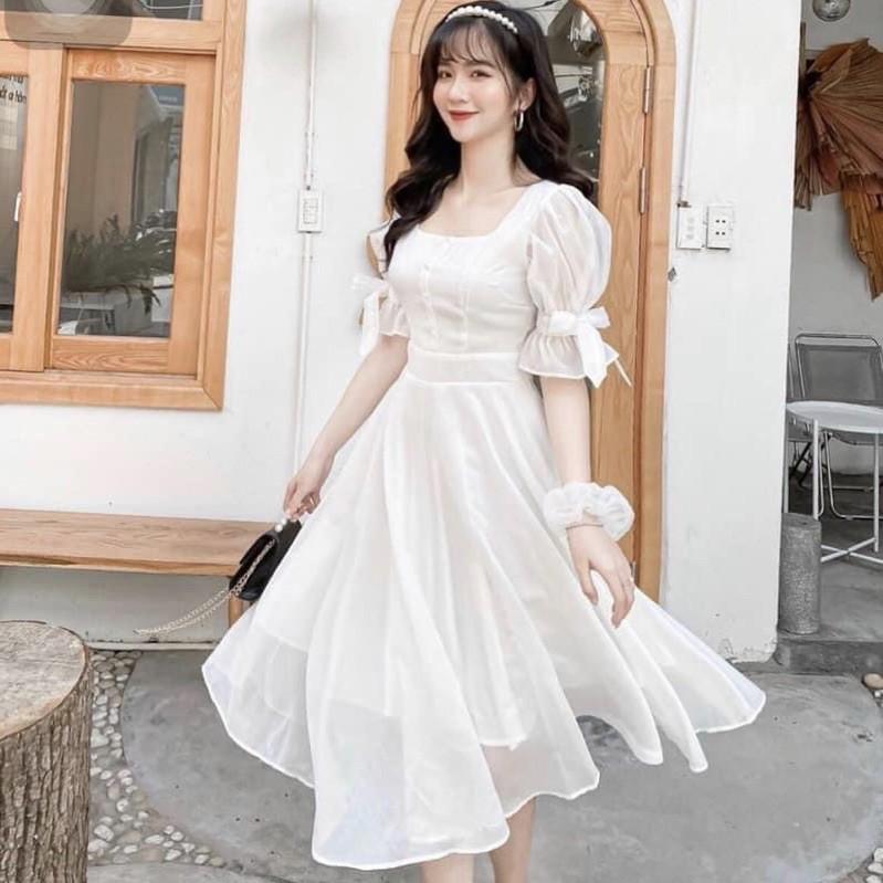 ĐẦM TAY NGẮN BUỘC NƠ TRẮNG, HỒNG XINH XẮN