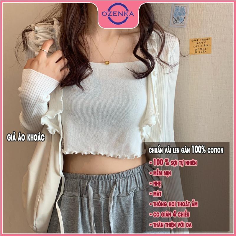 Áo cardigan croptop tay dài nữ OZENKA , áo khoác crt ôm body len gân 100% cotton thân 2 lớp màu đen trắng bánh bèo