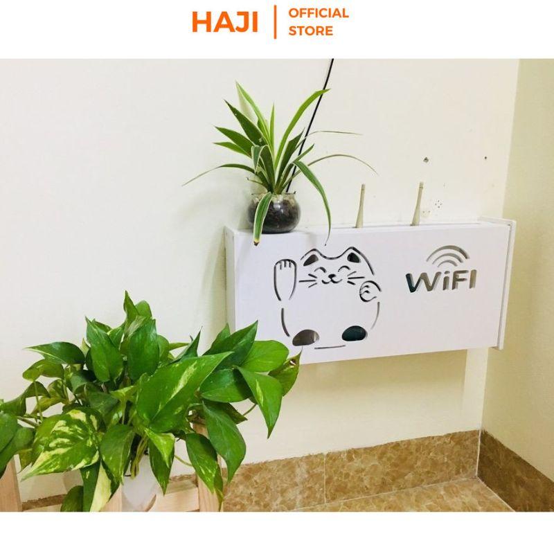 Kệ wifi treo tường HAJI hình mèo ú dễ thương, Kệ trang trí gỗ nhựa PVC chịu lực tốt, an toàn, bền, không cần khoan D345