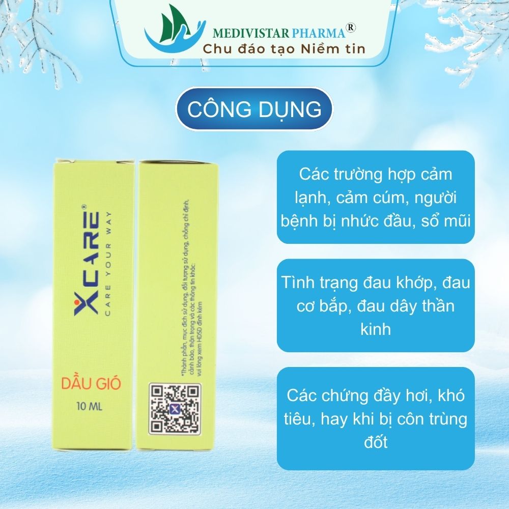 Dầu Gió Xcare MEDIVISTAR PHARMA Hỗ Trợ Khi Cảm Lạnh, Cảm Cúm, Hắt Hơi, Sổ Mũi, Giảm Đau Nhức Xương Khớp, Cơ Bắp, Lọ 10ml