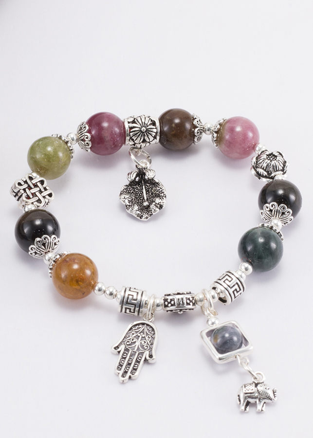 Vòng Tourmaline Đa Sắc Phối Charm Lá Bạc  Ngọc Quý Gemstones