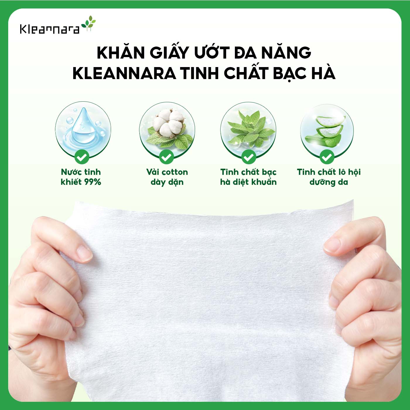 Khăn ướt đa năng KLEANNARA Tinh chất bạc hà diệt khuẩn (có nắp) - 70 tờ