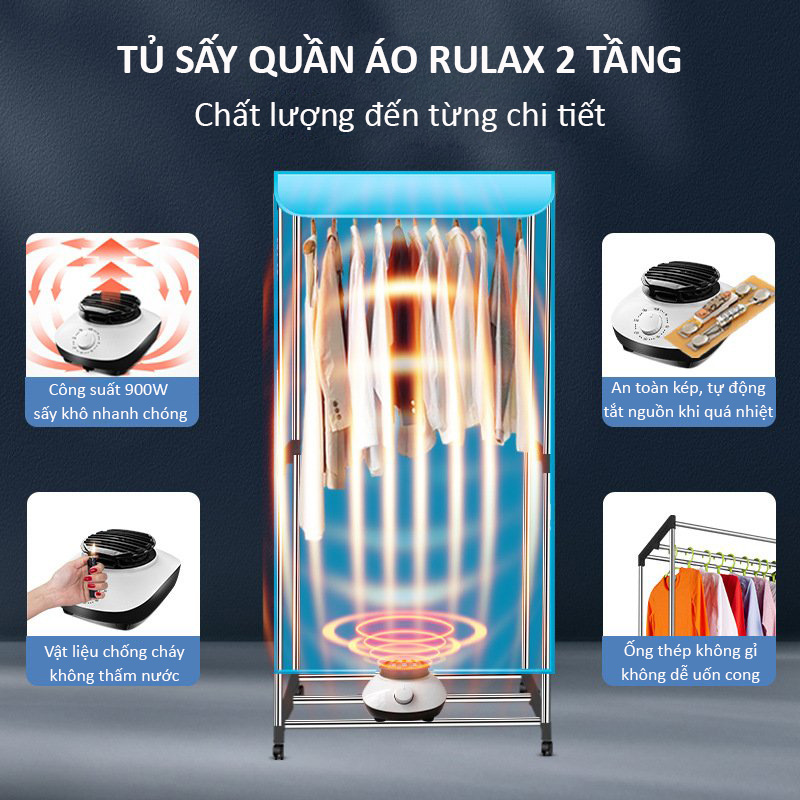 Tủ Sấy, Máy Sấy Quần Áo RULAX 3 Tầng, Di Động, Gấp Gọn Đa Năng, Điều Khiển Từ Xa, Công suất Lớn 2300W |BH 12 Tháng|- Hàng Chính Hãng