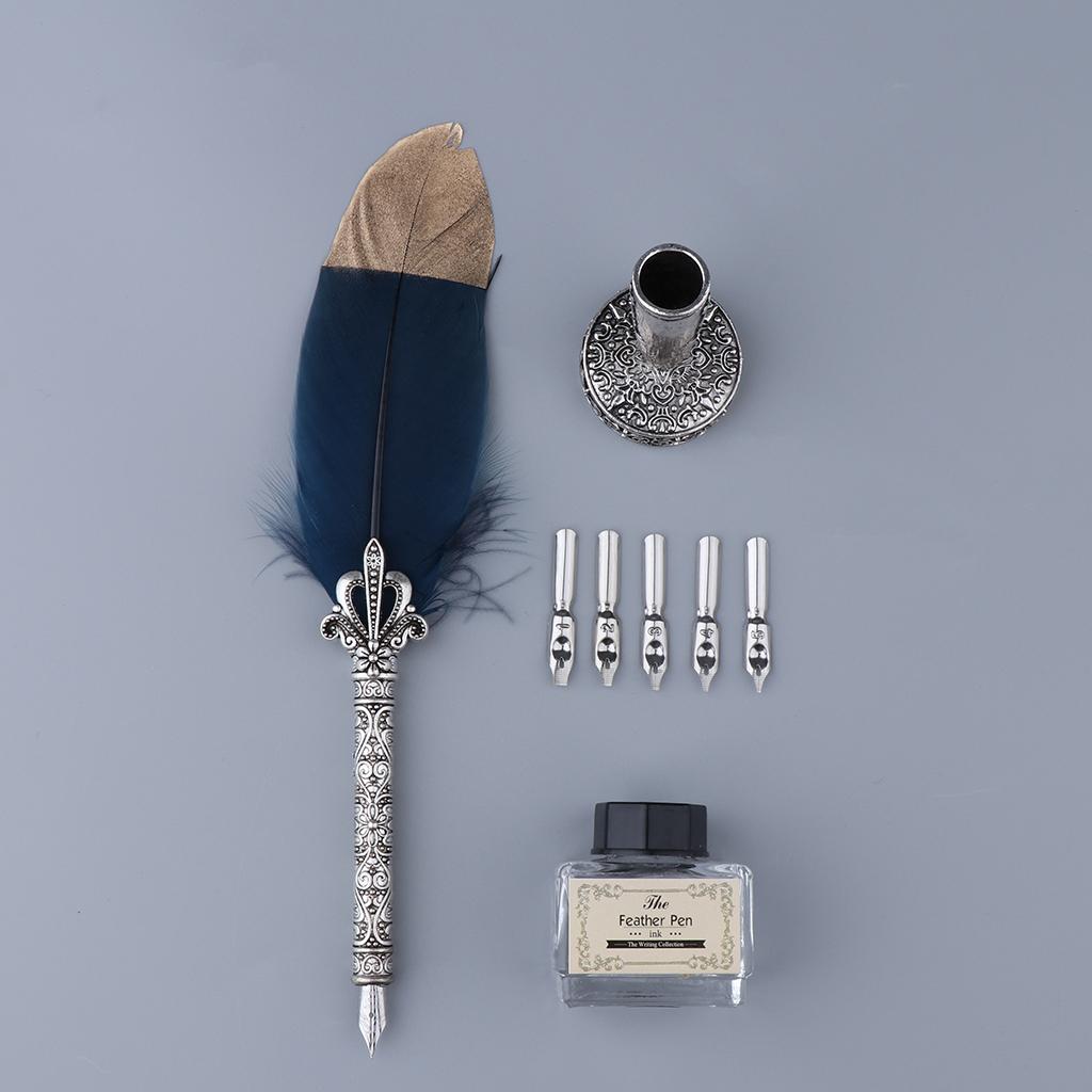 Antique Feather Dip Fountain Pen Calligraphy Set w Holder 5 Nib