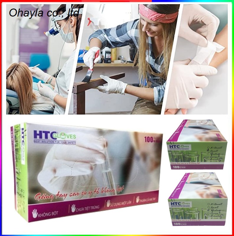 Găng tay y tế HTC cao su Latex, không bột 100 cái/hộp.