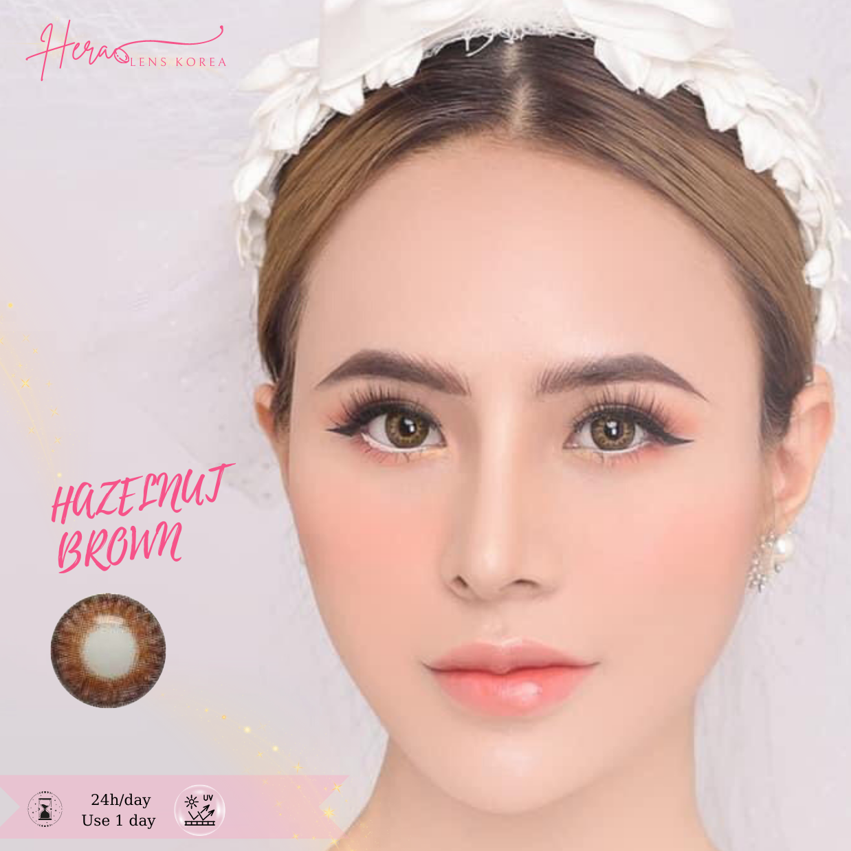 Kính Áp Tròng Hera Nâu Cam Viền Đậm 0 - 7 Độ HAZELNUT BROWN Nhập Khẩu Hàn Quốc Lens Cận 1 Ngày