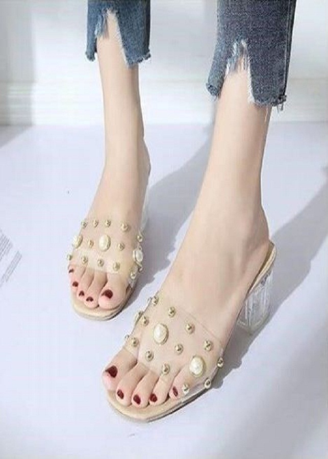 Giày cao gót nữ bản ngang hạt ngọc