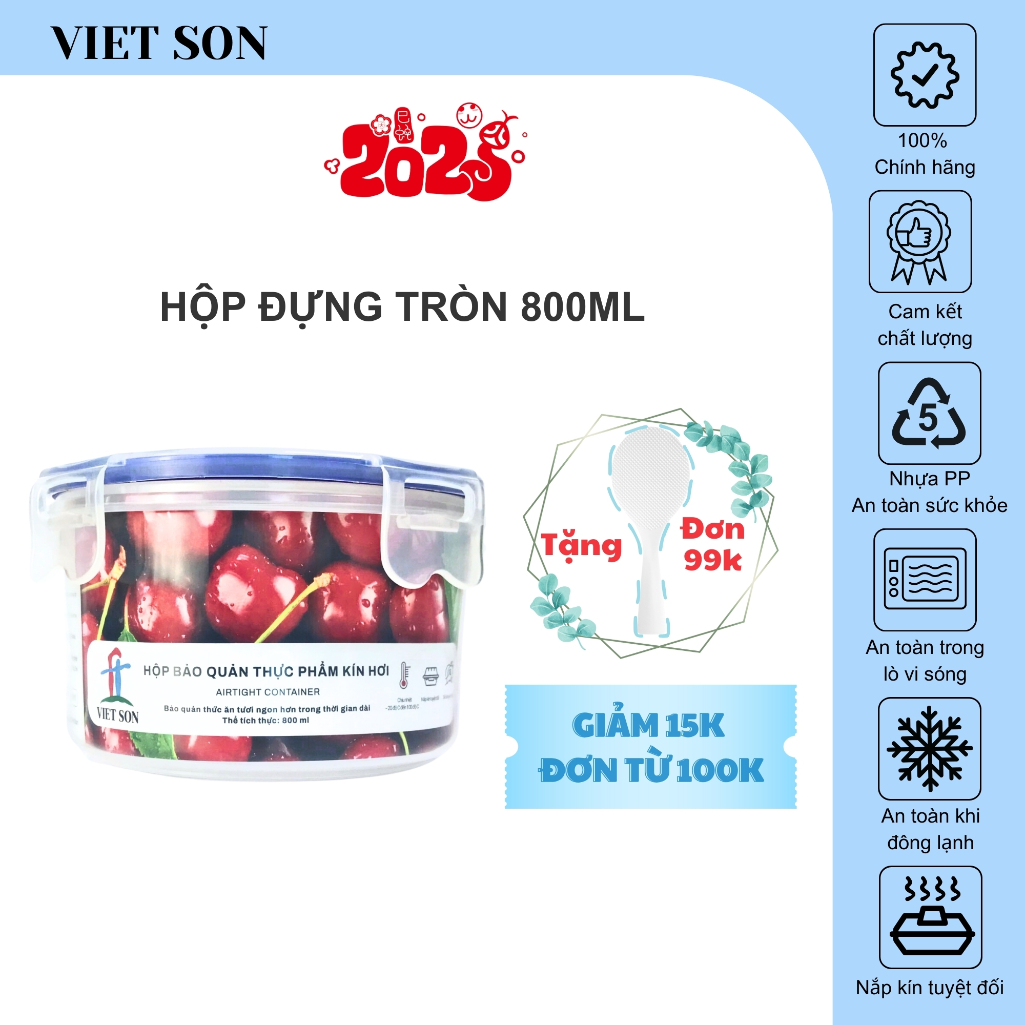 Hộp Tròn Đựng Thực Phẩm VIETSON 800ml Nắp Khóa 4 Cạnh Kín Hơi