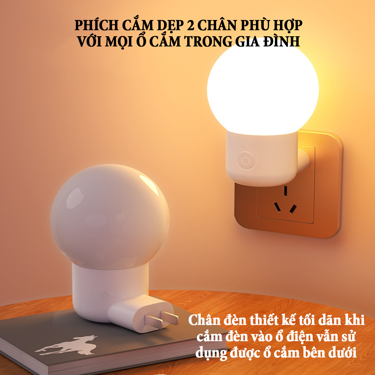 Đèn cảm ứng ánh sáng tự động bật sáng khi trời tối, đèn tắt khi trời sáng, ánh sáng 2 màu tùy chọn công suất 3W, phích cắm dẹp 2 chân