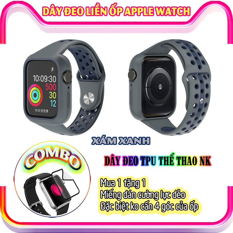 Dây Đeo liền ốp dành cho Apple Watch size 38/40/42/44mm TPU thể thao viền màu  - Xám xanh (tặng dán KCL theo size)