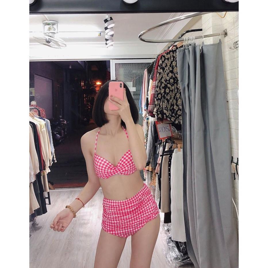 freeship Bikini hai mảnh xoắn caro hồng nữ tính mặc đi biển đi bơi