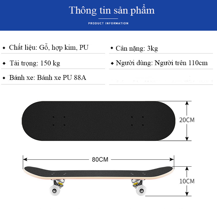 Ván Trượt Skateboard Cỡ Lớn Đạt Chuẩn Thị Đấu Chống Trơn Trượt, Khung Hợp Kim Nhôm Chắc Chắn