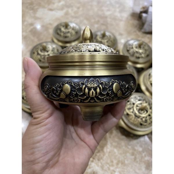 Bộ Lư xông trầm trạm khắc hoa sen bằng đồng chuẩn