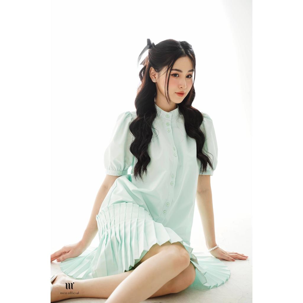 Đầm nữ Méo shop váy liền kiểu Hàn ngắn tay cổ tròn phối xếp ly dáng xòe Modey