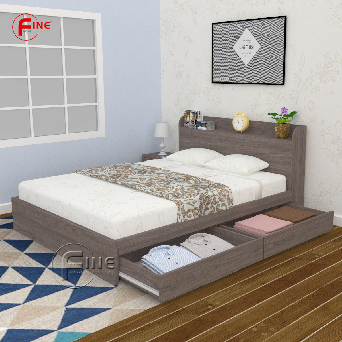 Giường Hộp Cao Cấp Có 2 Hộc Kéo FINE FG176 Kích thước 1m6 Thiết kế sang trọng hiện đại