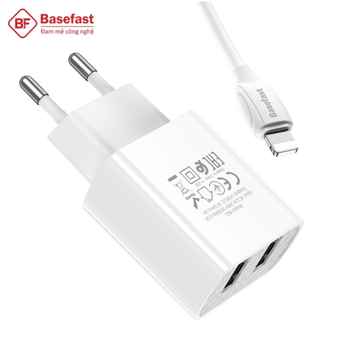 Bộ Sạc Nhanh 2 Cổng USB Chính Hãng Basefast B22i - ComBo Củ Kèm Cáp Sạc 2.1A Cho IPhone - Hàng Chính Hãng