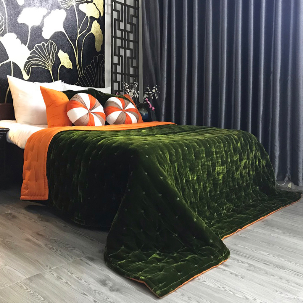 Chăn Nhung Lụa Chần Bông Điều Hòa Cao Cấp Dùng Bốn Mùa - Chăn Nhung Khâu Hoa Thị Màu Olive Drab I Silk Velvet Blanket.