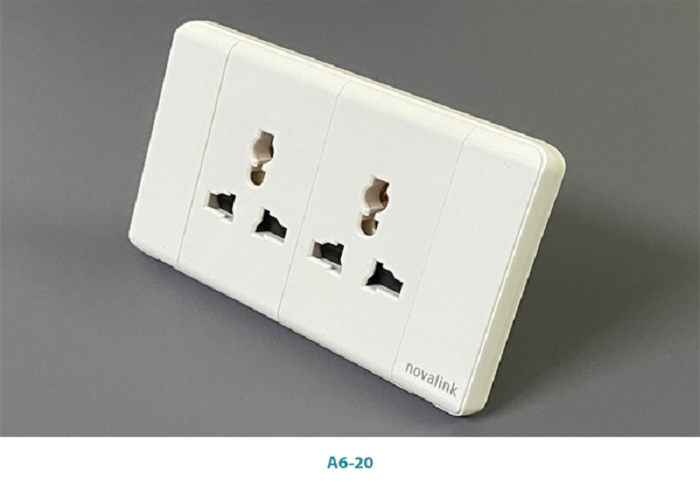 Ổ cắm điện âm tường đôi chống giật an toàn + khung, Bộ mặt hai ổ cắm 3 chấu đa năng Novalink mã A6-20, ổ cắm điện gia đình an toàn cho trẻ nhỏ