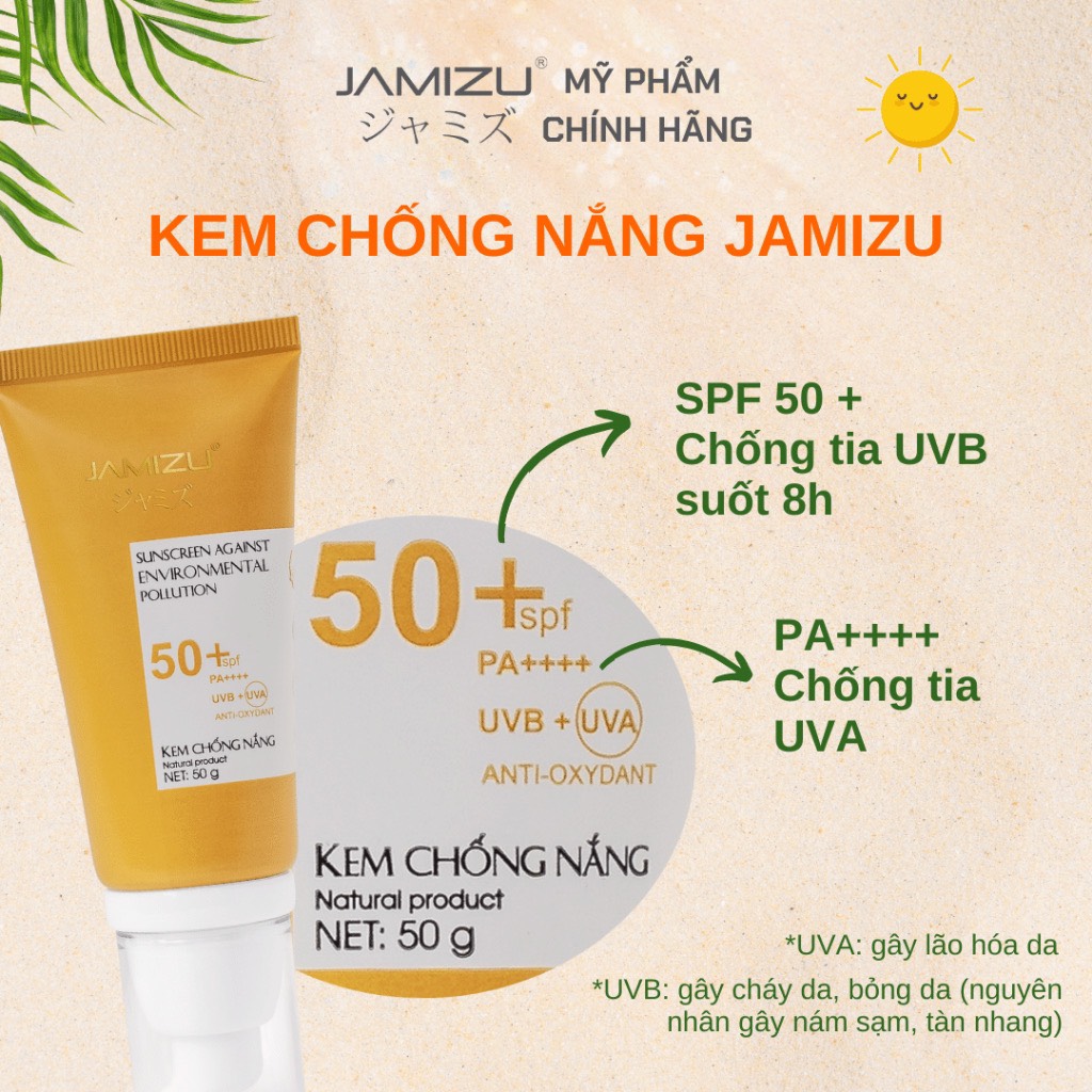 Kem Chống Nắng Chuyên Dùng Cho Da Nhờn Jamizu Nâng Tông, Căng Da, Kiềm Dầu, Chống Trôi Nước SPF 50+/PA+++ 50ml