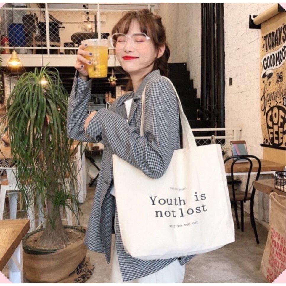 Túi tote túi vải canvas phong cách Hàn quốc, có khóa miệng ngăn phụ bên trong tiện dụng