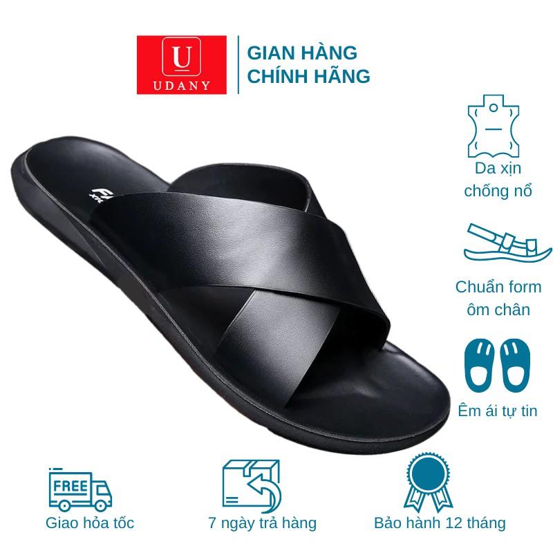 Dép nam quai chéo chữ X da bò đế cao su đúc chống nước - DQN11