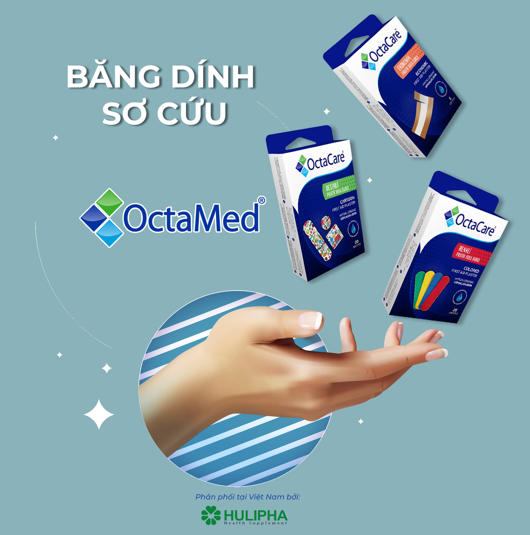 Băng dính sơ cứu nhiều màu không thấm nước, tiệt trùng, không dị ứng Octacare - Hộp 20 miếng