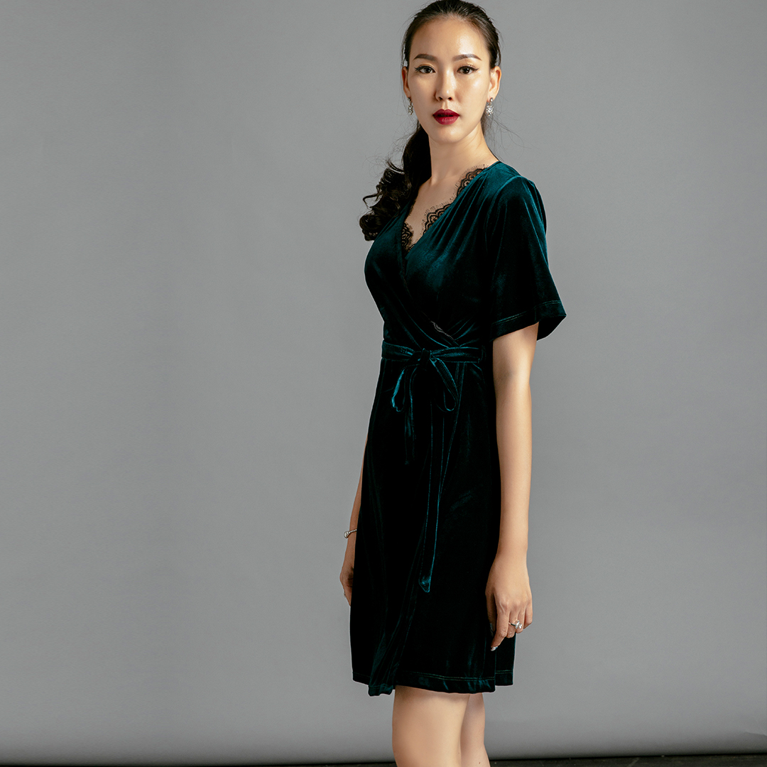 Đầm Nhung Cao Cấp Thời trang thiết kế Hity DRE101 Phối Ren (Xanh Hunter)