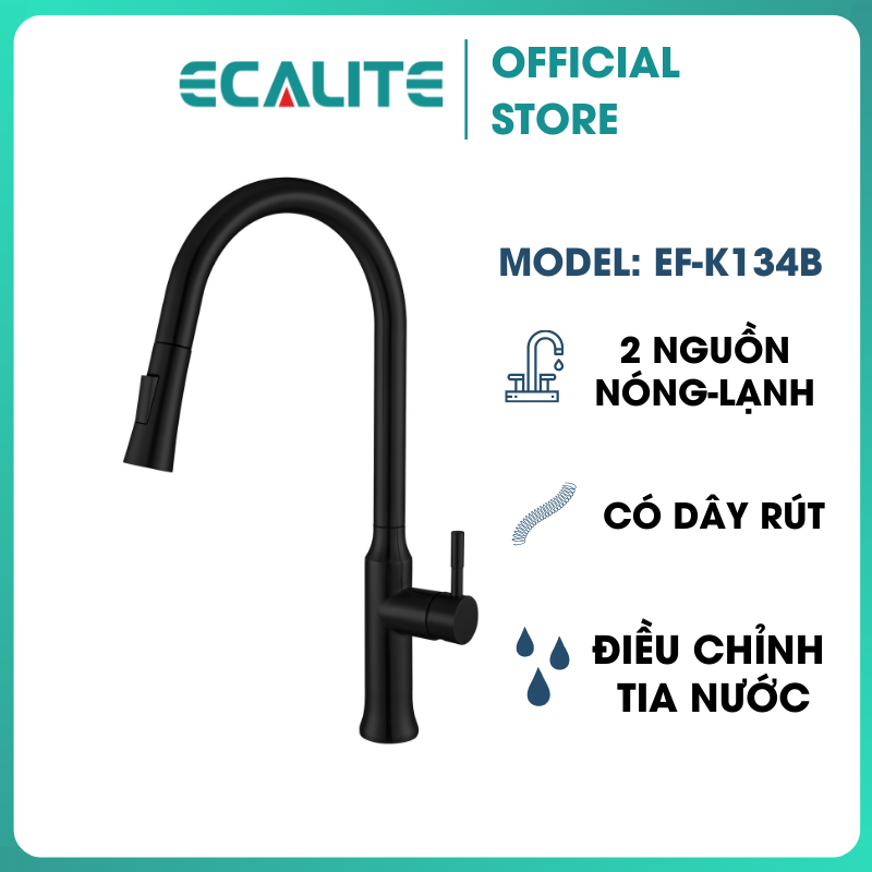 Vòi Rửa Chén Nóng Lạnh Pull-down Ecalite EF-K134B - Có Dây Rút - Điều Chỉnh Tia Nước - Đồng Thau Sơn Đen - Hàng Chính Hãng