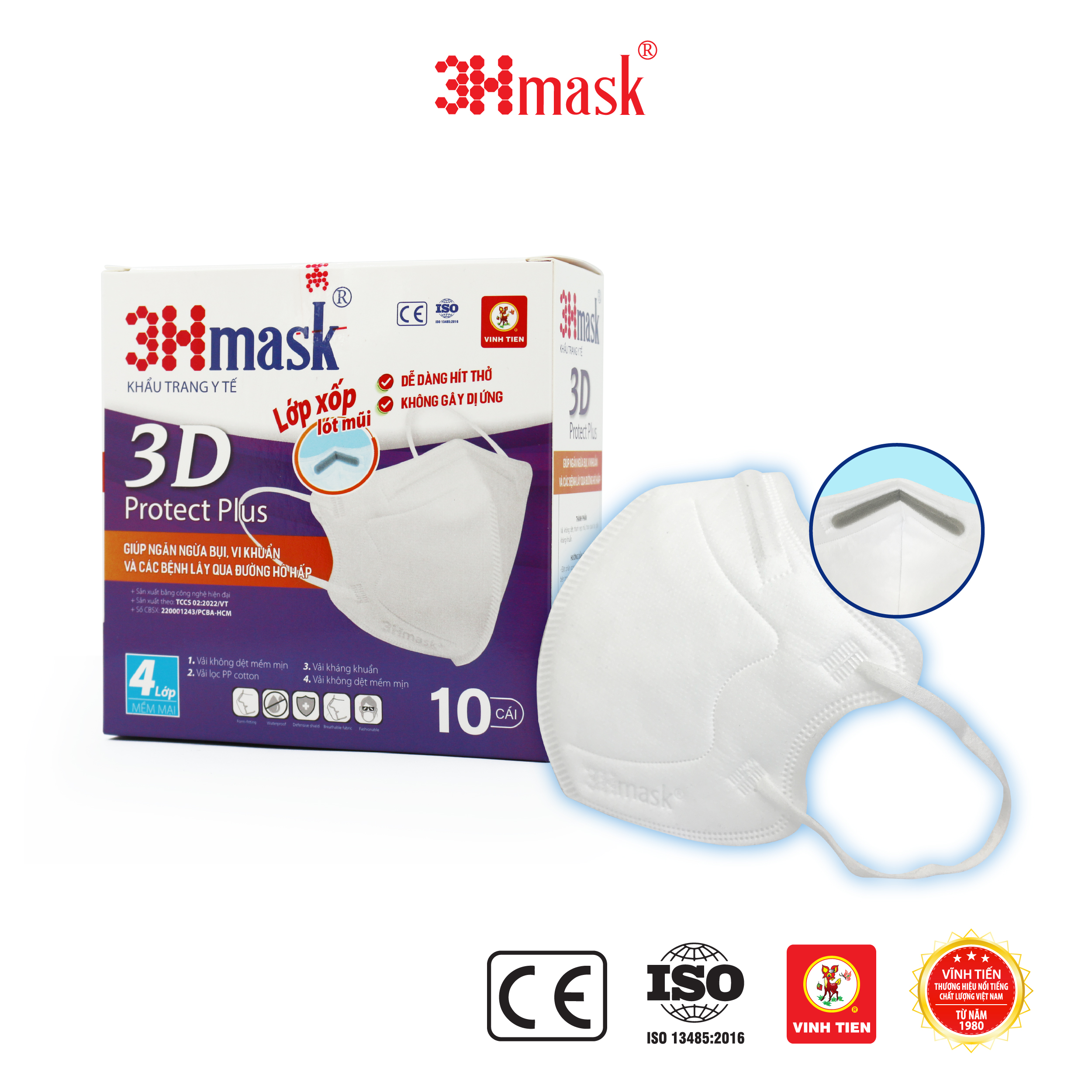 Khẩu trang y tế 3D protect plus 3Hmask 4 lớp kháng khuẩn, không đau tai (Hộp 10 cái)