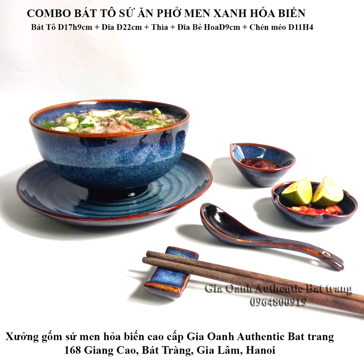 (COMBO) Set bát tô ăn phở - men hỏa biến cao cấp -Tô sứ D17h9+Dĩa D22+Chén Sốt+đĩa ớt chanh - Gốm sứ bát tràng cao cấp