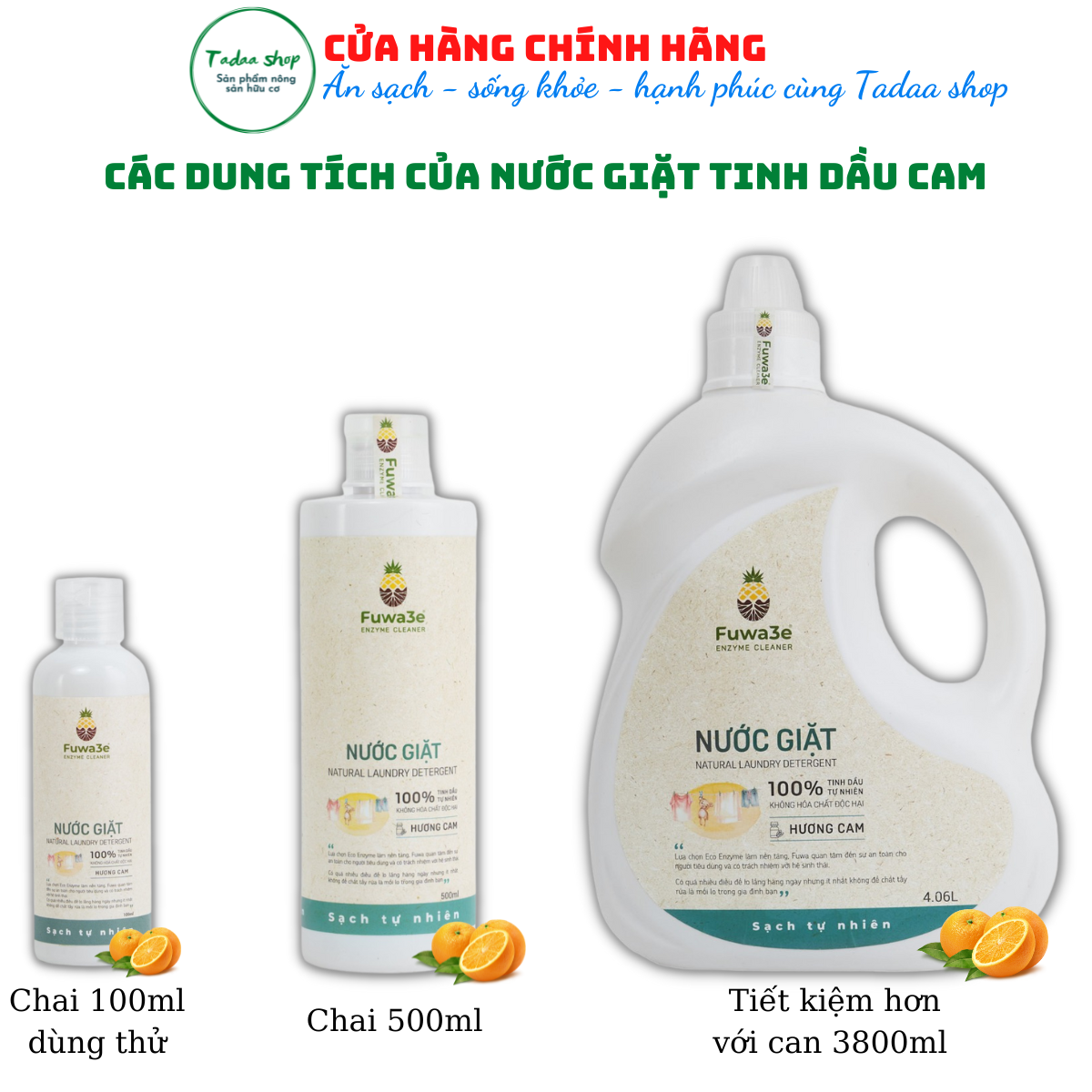 Nước giặt hữu cơ Organic Fuwa3e hương cam sạch nhanh tiết kiệm nước, không hại da tay chai 500ml