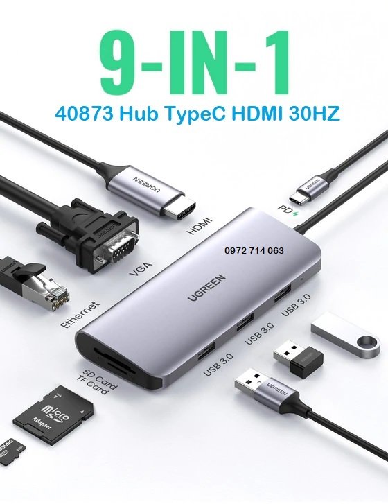 Ugreen Bộ Chuyển Đổi hub USB-C Sang HDMI + VGA + Đầu Đọc Thẻ + RJ45 + PD hub 9 Trong 1 Cho laptop hàng chính hãng