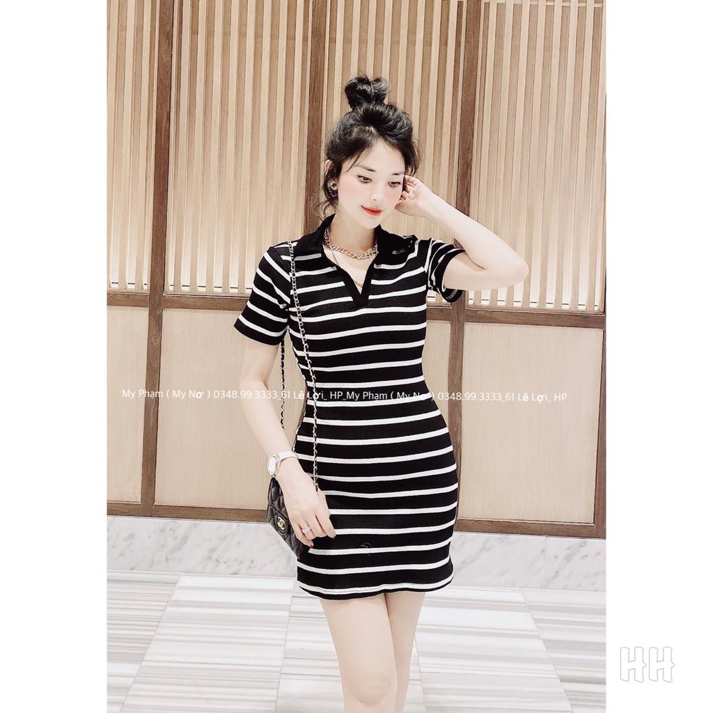 Váy thun cổ bẻ dài - ngắn kẻ sọc dáng ôm xẻ