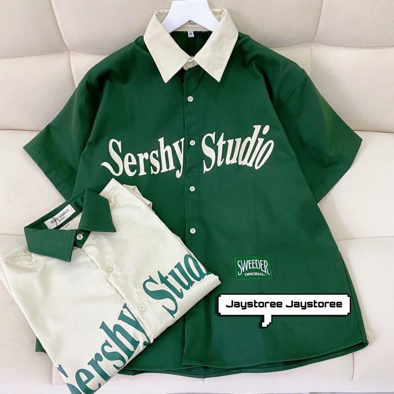 Áo sơmi tay lỡ unisex SERSHY màu XANH LÁ/KEM Nam nữ unisex Áo Sơ Mi form rộng style Ulzzang