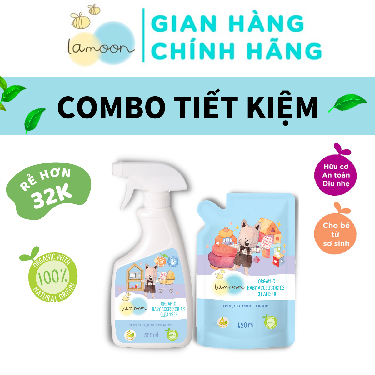 COMBO Nước Rửa Đồ Chơi Organic An Toàn Cho Bé Lamoon Dạng Bình 500ml + Túi Refll 450ml