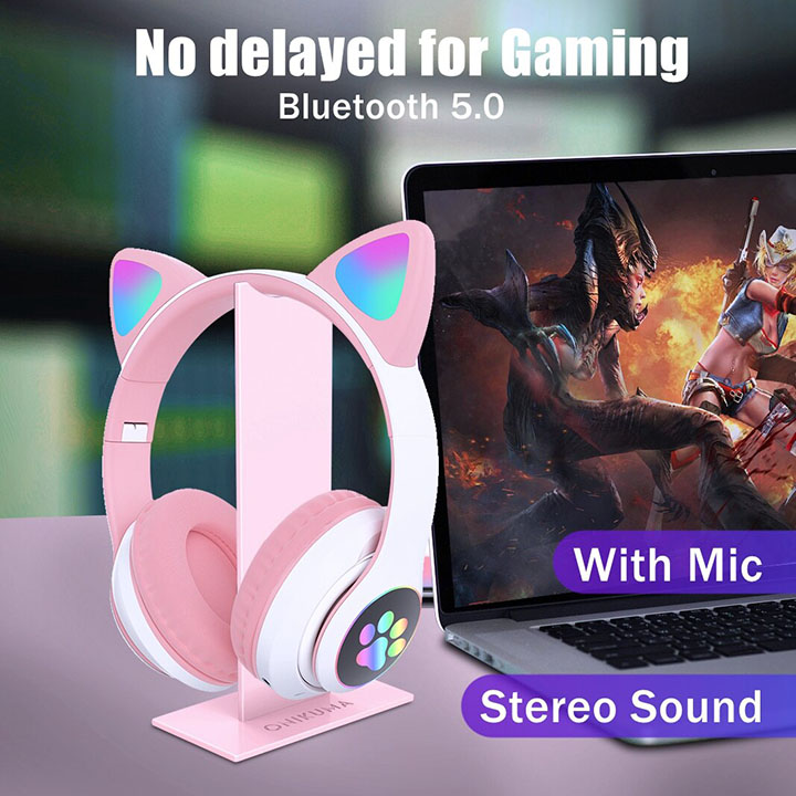 Tai nghe Bluetooth tai mèo đáng yêu có mic đàm thoại cao cấp, tai nghe mèo có đèn phát sáng cute tai nghe tai mèo thời trang, headphone Bluetooth đáng yêu có thể sử dụng khi chơi các tựa game online