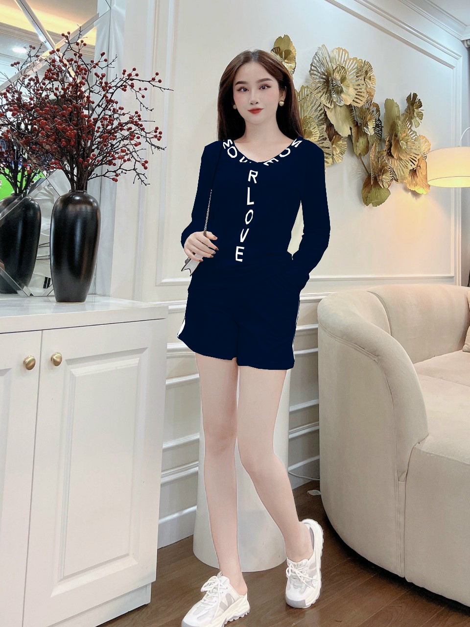 Set Bộ Đùi Thun Cotton Cổ Tim In Chữ Love Tay Dài Sang Trọng (Có 4 Màu 4 Size Lựa Chọn