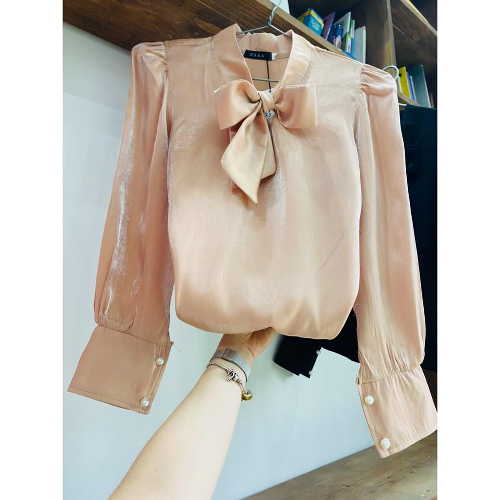 Áo sơ mi nữ công sở áo sơ mi dài tay cổ nơ chất tơ sống siêu xinh thời trang Banamo áo tống cổ nơ 391