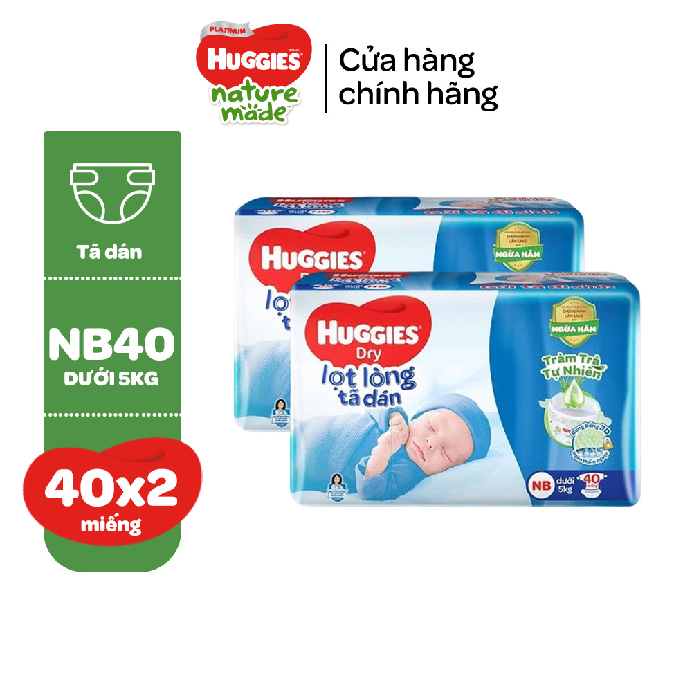 [Tặng thêm miếng] Combo 2 Tã dán sơ sinh Tràm Trà Tự Nhiên Huggies NB40/NB70/S54/S80