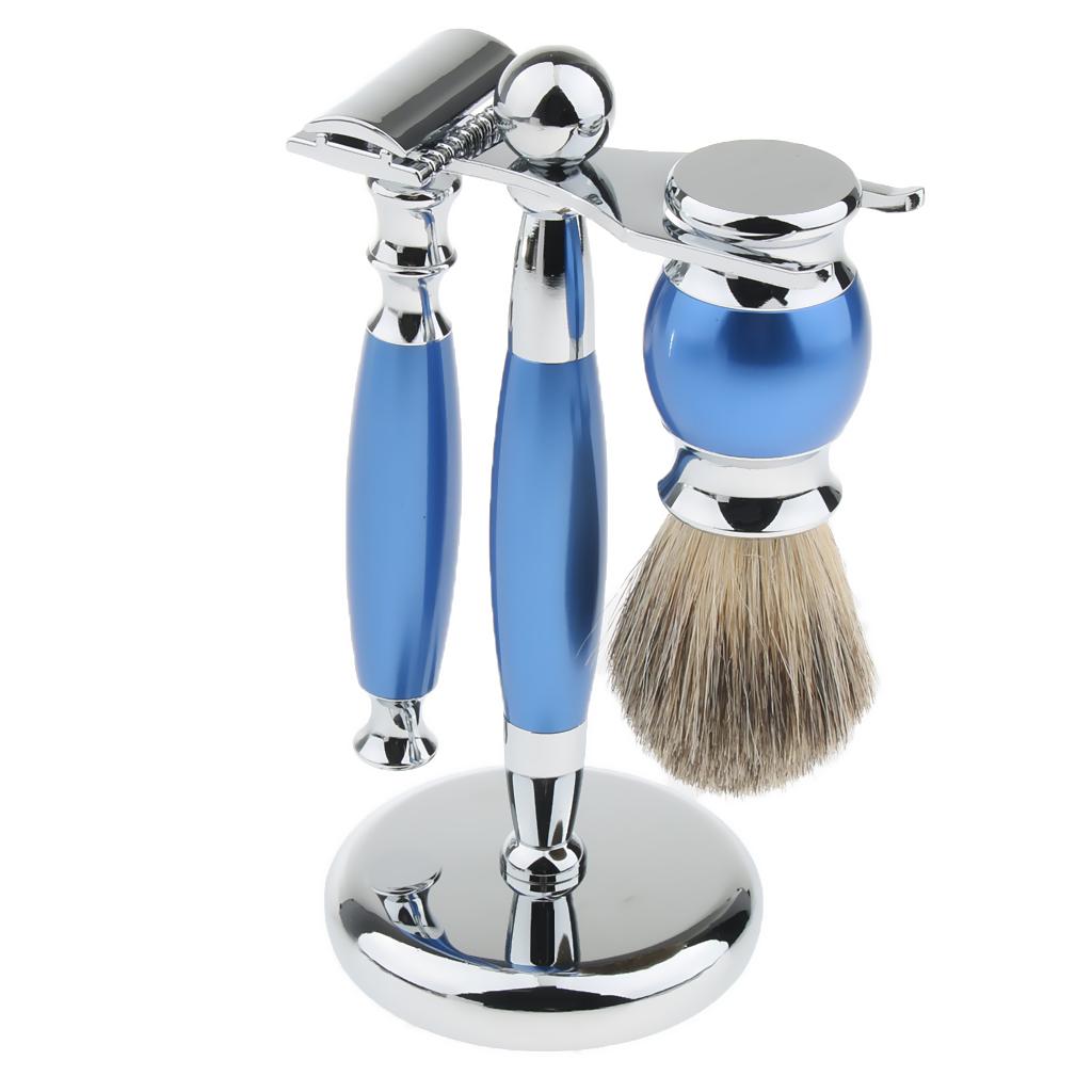 Traditional Luxury Grooming Shaving Set For Men - Including Double-sided Razors, Shave Brush, Alloy Stand Holder - Blue