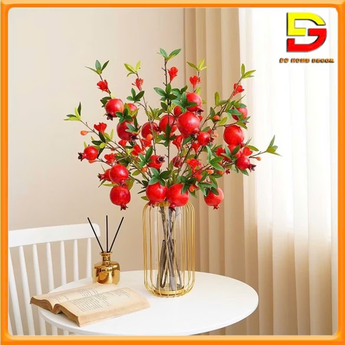 Bình Lựu Đỏ Thuỷ Tinh Khung Sắt Lọ Hoa Giả Decor Nhà Cửa Trang Trí Tết Đón Tài Lộc May Mắn DG-215