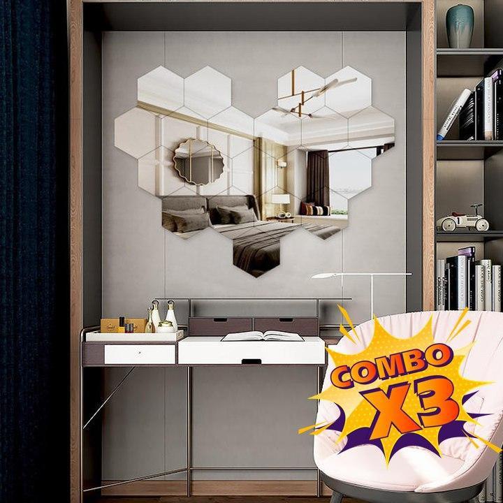 Set 3 Bộ 12 miếng gương dán tường 3D hình lục giác 11x11