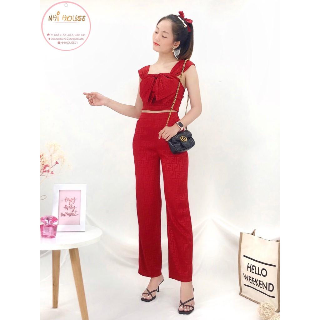 SET ĐỒ NỮ ĐI CHƠI NHIHOUSE71 VẢI GẤM SATIN DỆT CHỮ NỔI ÁO CROPTOP NƠ QUẦN ỐNG SUÔNG FREESIZE DƯỚI 55KG