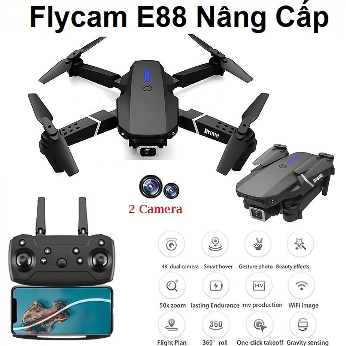 Máy bay điều khiển từ xa, Flycam điều khiển giá rẻ E88 Pro 2 Camera quay video và chụp ảnh 4k, Giữ vị trí tốt, nhào lộn 360 độ - Hàng chính hãng